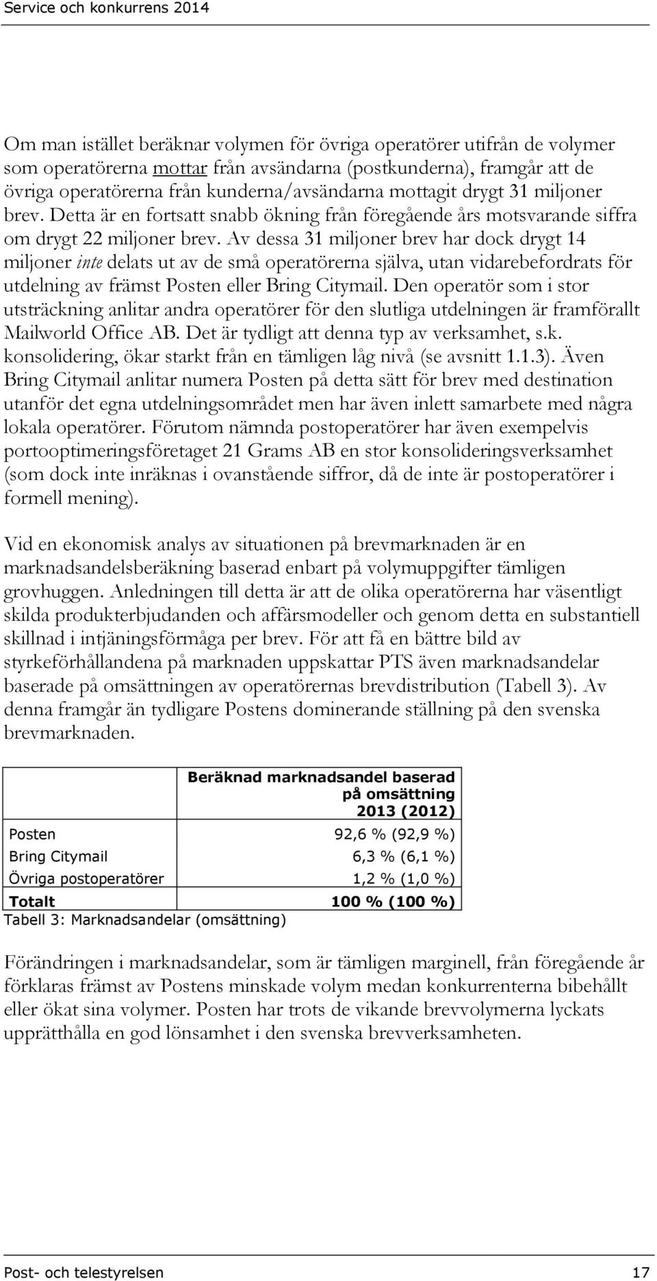 Av dessa 31 miljoner brev har dock drygt 14 miljoner inte delats ut av de små operatörerna själva, utan vidarebefordrats för utdelning av främst Posten eller Bring Citymail.