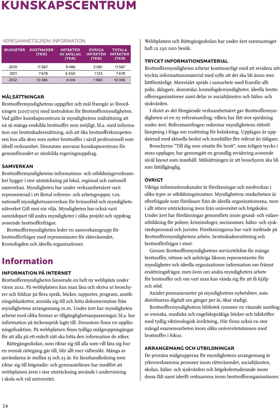 Vad gäller kunskapscentrum är myndighetens målsättning att nå så många enskilda brottsoffer som möjligt, bl.a. med information om brottsskadeersättning, och att öka brottsofferkompetensen hos alla dem som möter brottsoffer i såväl professionell som ideell verksamhet.