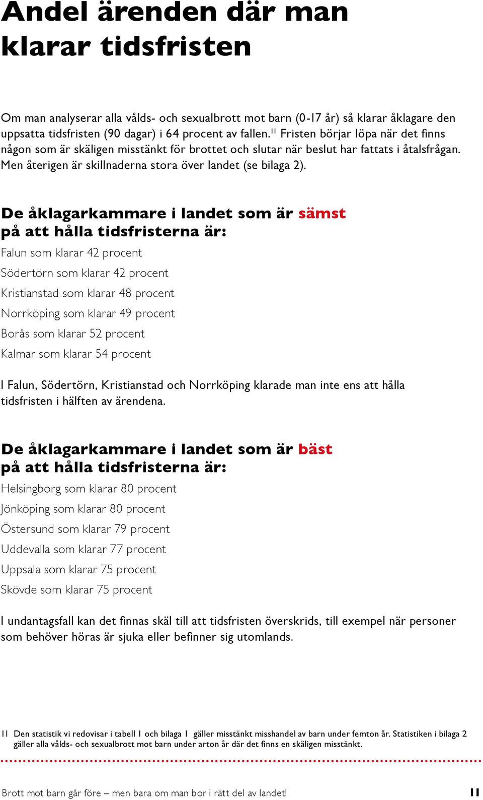 De åklagarkammare i landet som är sämst på att hålla tidsfristerna är: Falun som klarar 42 procent Södertörn som klarar 42 procent Kristianstad som klarar 48 procent Norrköping som klarar 49 procent