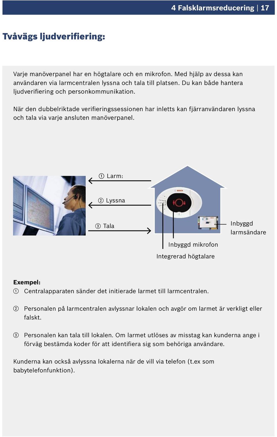 Larm: 2 Lyssna 3 Tala Inbyggd larmsändare Inbyggd mikrofon Integrerad högtalare Exempel: 1 Centralapparaten sänder det initierade larmet till larmcentralen.