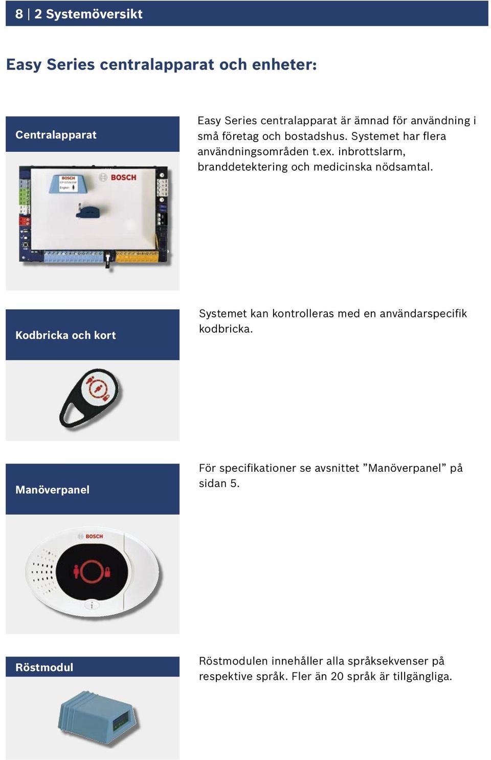 Kodbricka och kort Systemet kan kontrolleras med en användarspecifik kodbricka.