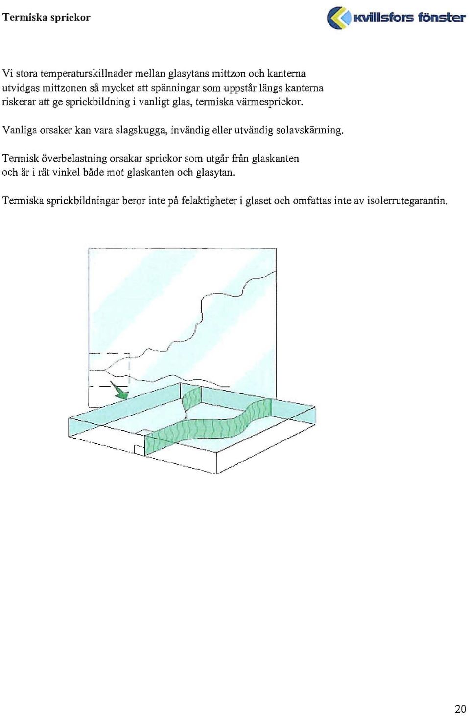 glas, termiska värmesprickor. Vanliga orsaker kan vara slagskugga, invändig eller utvändig solavskänning.