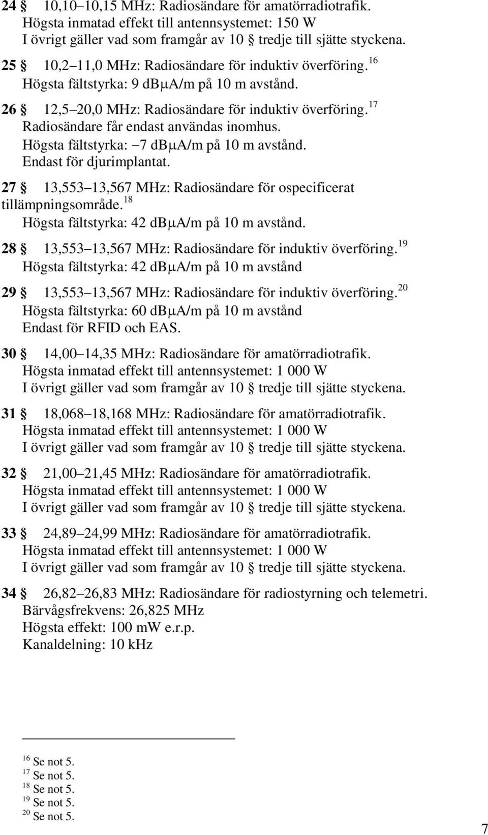 Endast för djurimplantat. 27 13,553 13,567 MHz: Radiosändare för ospecificerat tillämpningsområde. 18 Högsta fältstyrka: 42 db A/m på 10 m avstånd.