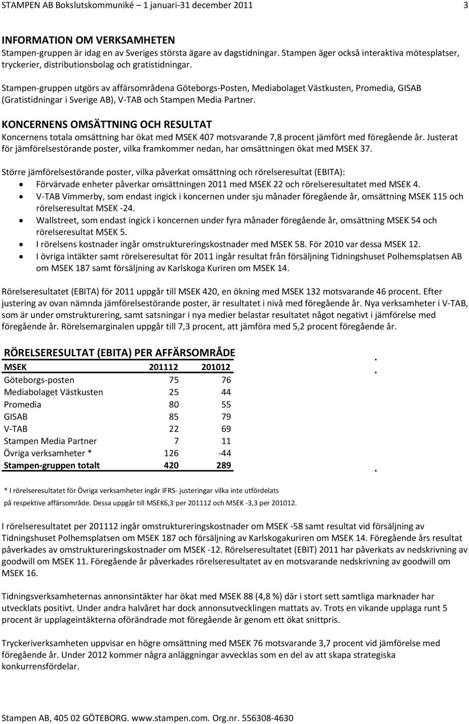 KONCERNENS OMSÄTTNING OCH RESULTAT Koncernens totala omsättning har ökat med MSEK 407 motsvarande 7,8 procent jämfört med föregående år.