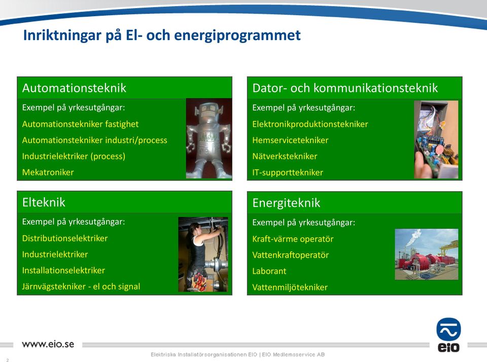 Instlltionslktrikr Järnvägstknikr - l och signl Dtor- och kommuniktionstknik Exmpl på yrksutgångr: