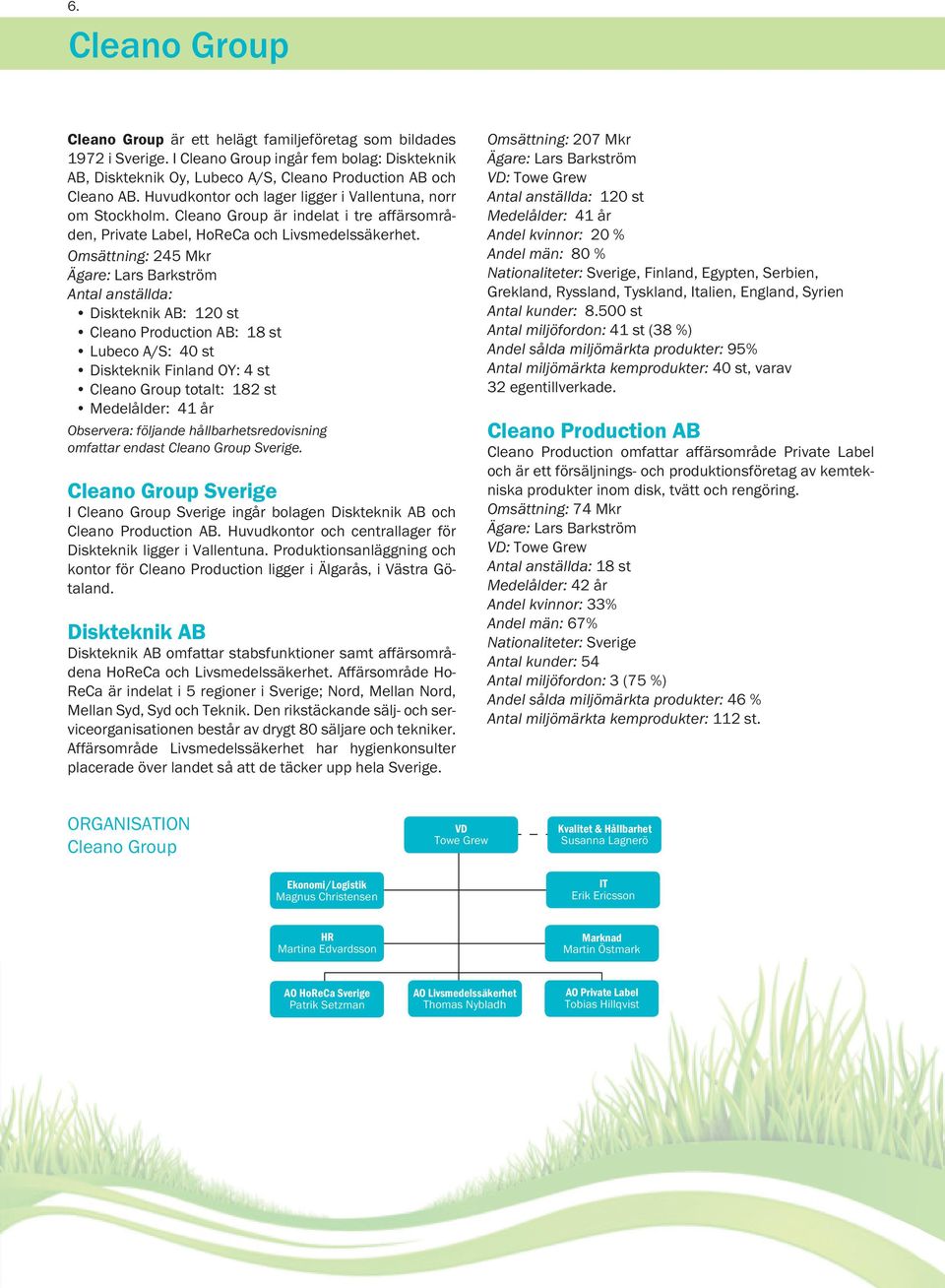 Omsättning: 245 Mkr Ägare: Lars Barkström Antal anställda: Diskteknik AB: 120 st Cleano Production AB: 18 st Lubeco A/S: 40 st Diskteknik Finland OY: 4 st Cleano Group totalt: 182 st Medelålder: 41