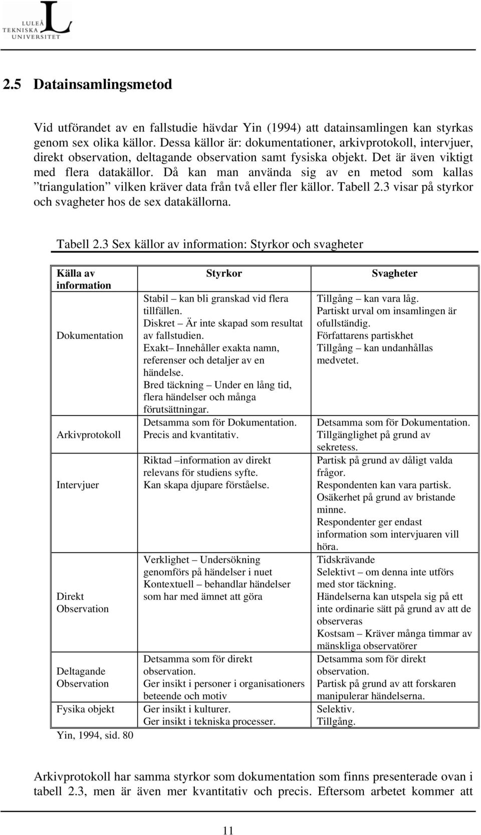 Då kan man använda sig av en metod som kallas triangulation vilken kräver data från två eller fler källor. Tabell 2.