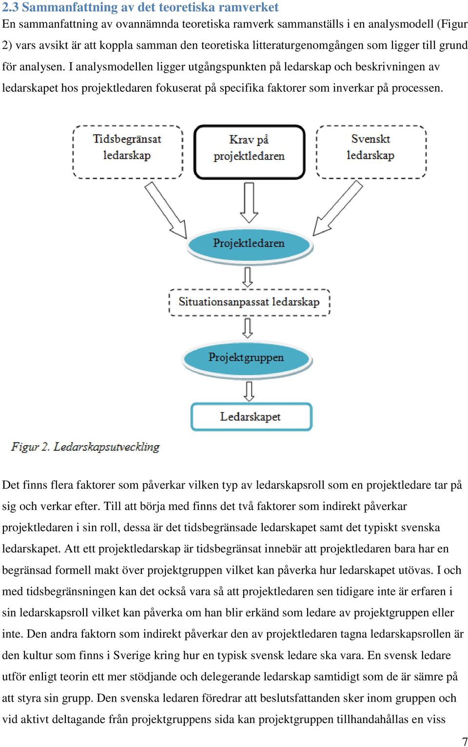 I analysmodellen ligger utgångspunkten på ledarskap och beskrivningen av ledarskapet hos projektledaren fokuserat på specifika faktorer som inverkar på processen.