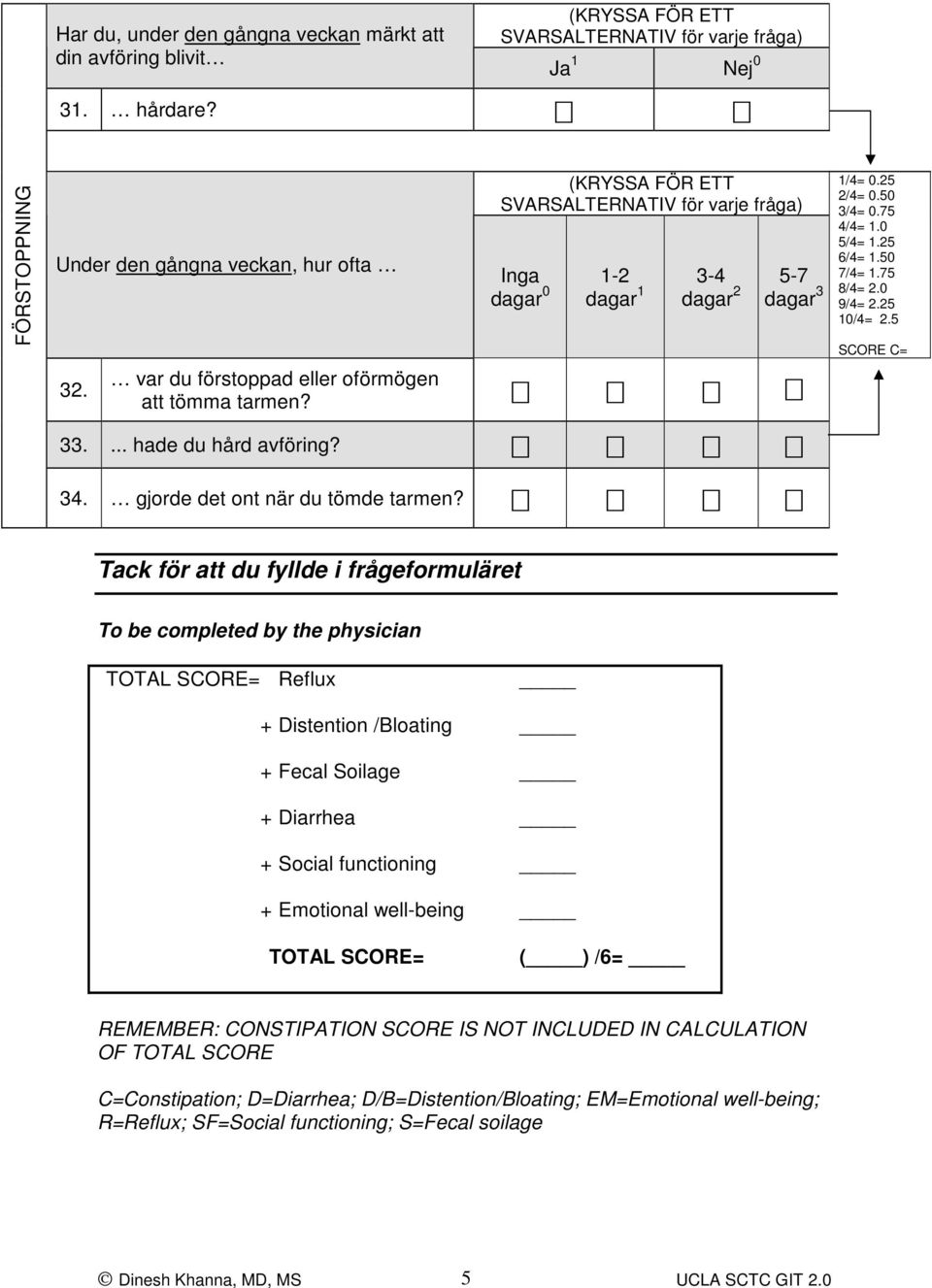 5 SCORE C= Tack för att du fyllde i frågeformuläret To be completed by the physician TOTAL SCORE= Reflux + Distention /Bloating + Fecal Soilage + Diarrhea + Social functioning + Emotional