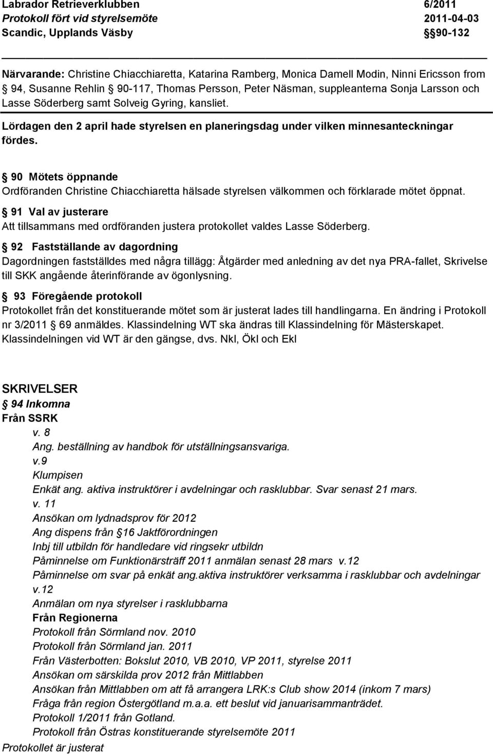 Lördagen den 2 april hade styrelsen en planeringsdag under vilken minnesanteckningar fördes.