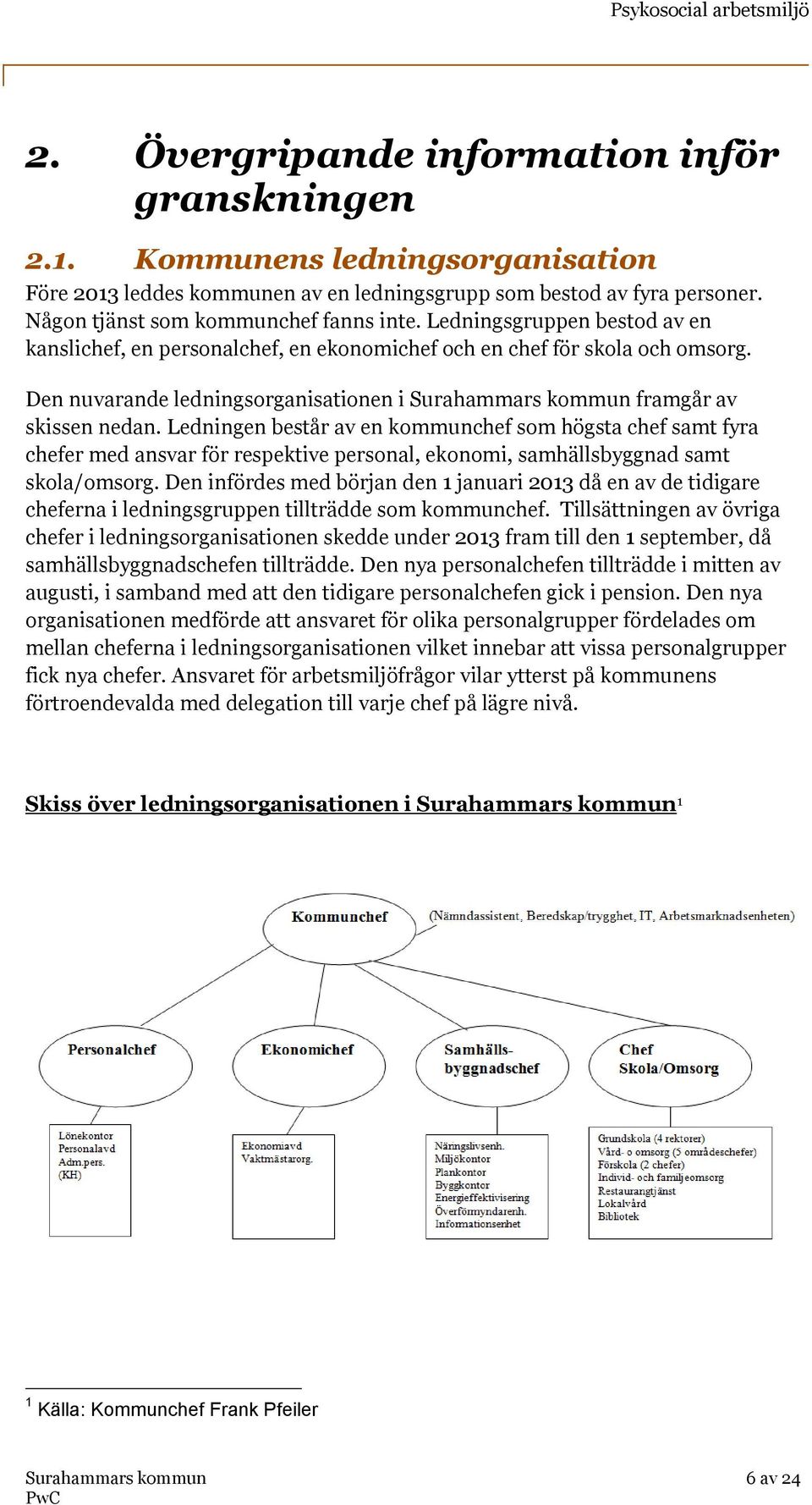 Ledningen består av en kommunchef som högsta chef samt fyra chefer med ansvar för respektive personal, ekonomi, samhällsbyggnad samt skola/omsorg.