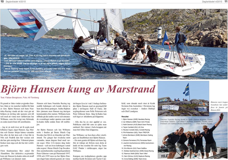 Björn Hansen kung av Marstrand Text: Fabian Bengtsson, Foto: Alf Tornberg På grund av lätta vindar avgjordes finalen i bäst av tre matcher istället för bäst av fem.