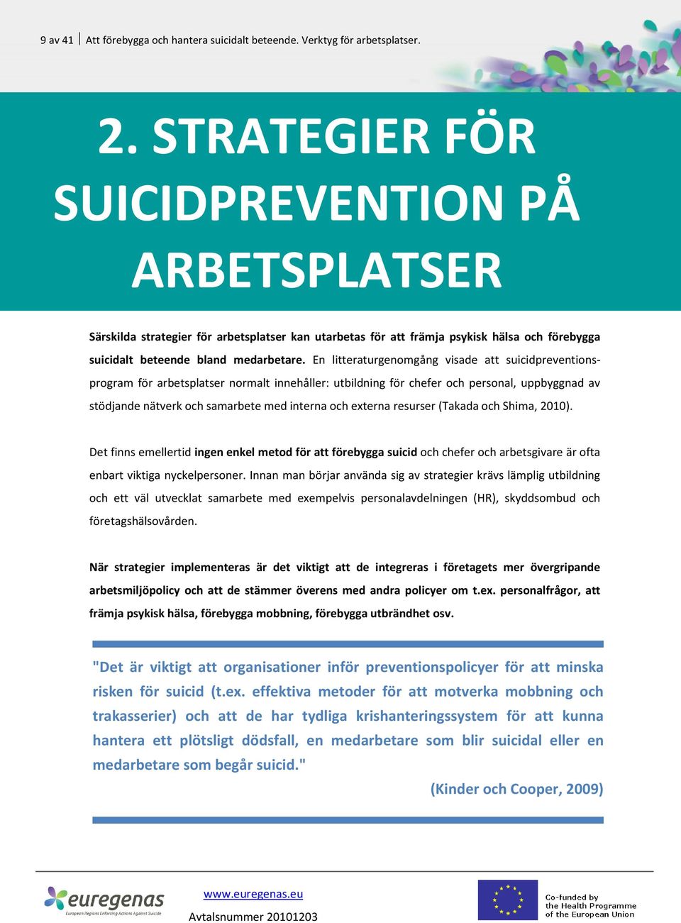 En litteraturgenomgång visade att suicidpreventionsprogram för arbetsplatser normalt innehåller: utbildning för chefer och personal, uppbyggnad av stödjande nätverk och samarbete med interna och