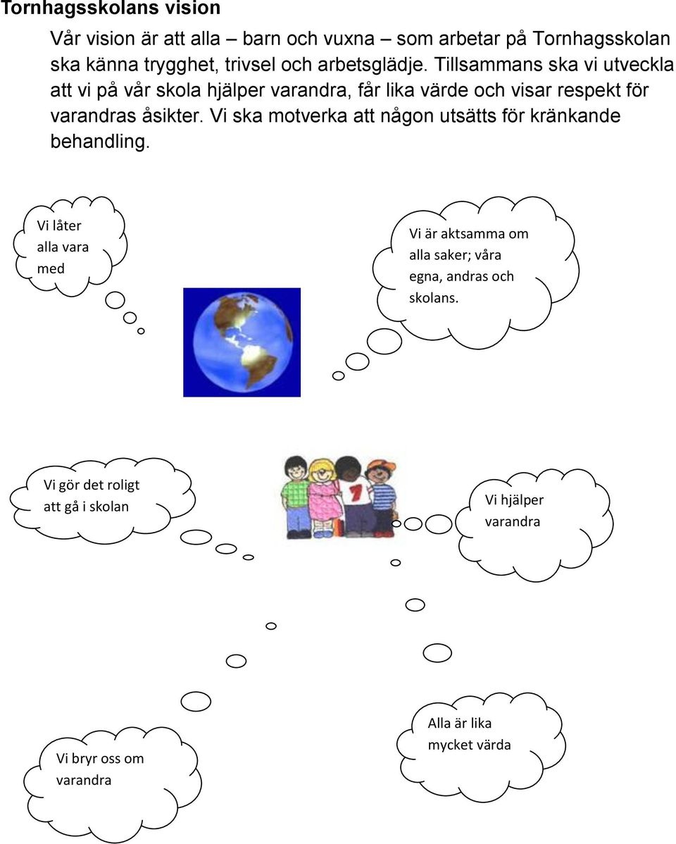 Tillsammans ska vi utveckla att vi på vår skola hjälper varandra, får lika värde och visar respekt för varandras åsikter.