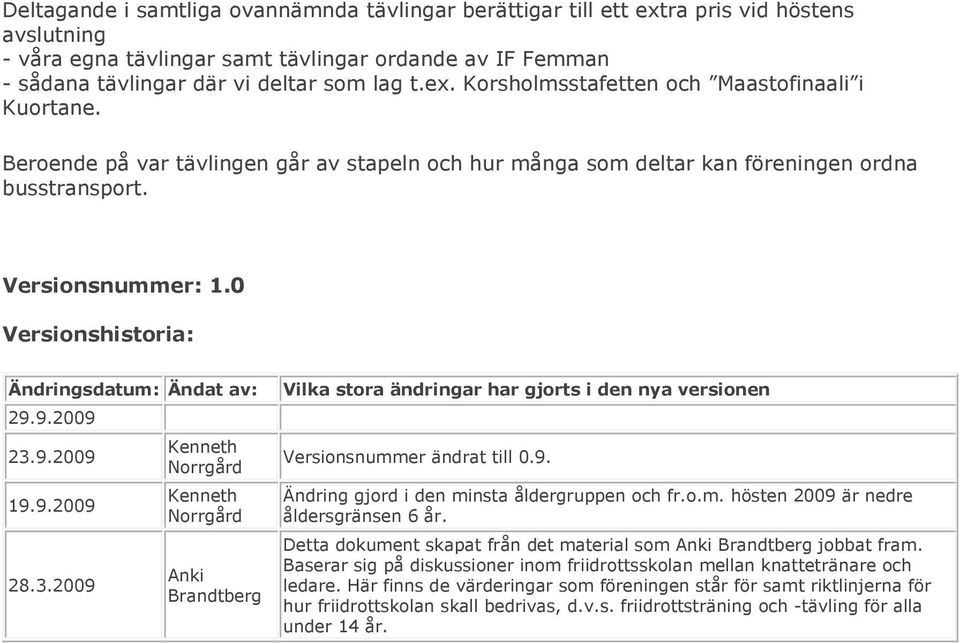 0 Versionshistoria: Ändringsdatum: Ändat av: 29.9.2009 23.9.2009 19.9.2009 28.3.2009 Kenneth Norrgård Kenneth Norrgård Anki Brandtberg Vilka stora ändringar har gjorts i den nya versionen Versionsnummer ändrat till 0.