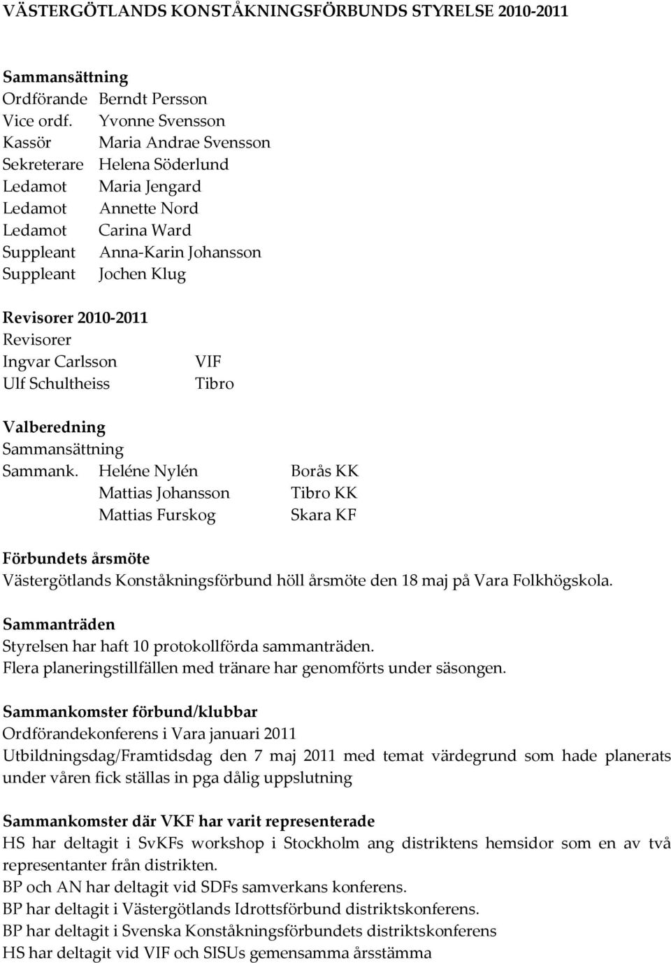 2010-2011 Revisorer Ingvar Carlsson Ulf Schultheiss VIF Tibro Valberedning Sammansättning Sammank.