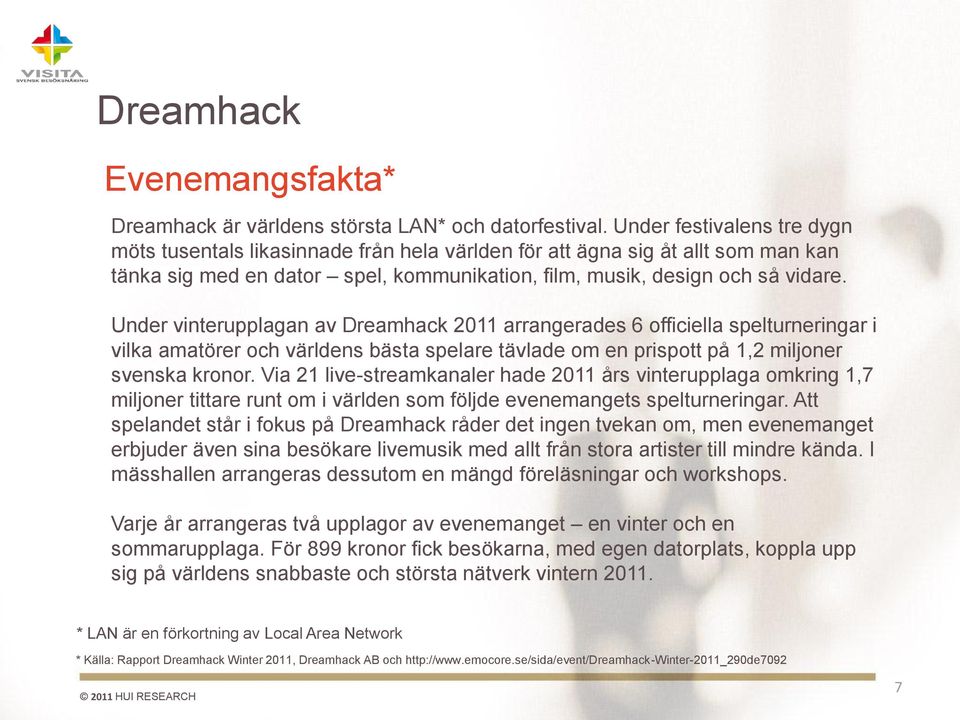 Under vinterupplagan av Dreamhack 2011 arrangerades 6 officiella spelturneringar i vilka amatörer och världens bästa spelare tävlade om en prispott på 1,2 miljoner svenska kronor.