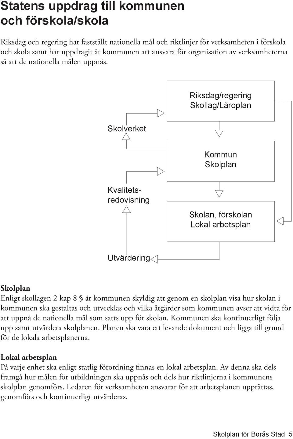 Riksdag/regering Skollag/Läroplan Skolverket Kommun Skolplan Kvalitetsredovisning Skolan, förskolan Lokal arbetsplan Utvärdering Skolplan Enligt skollagen 2 kap 8 är kommunen skyldig att genom en