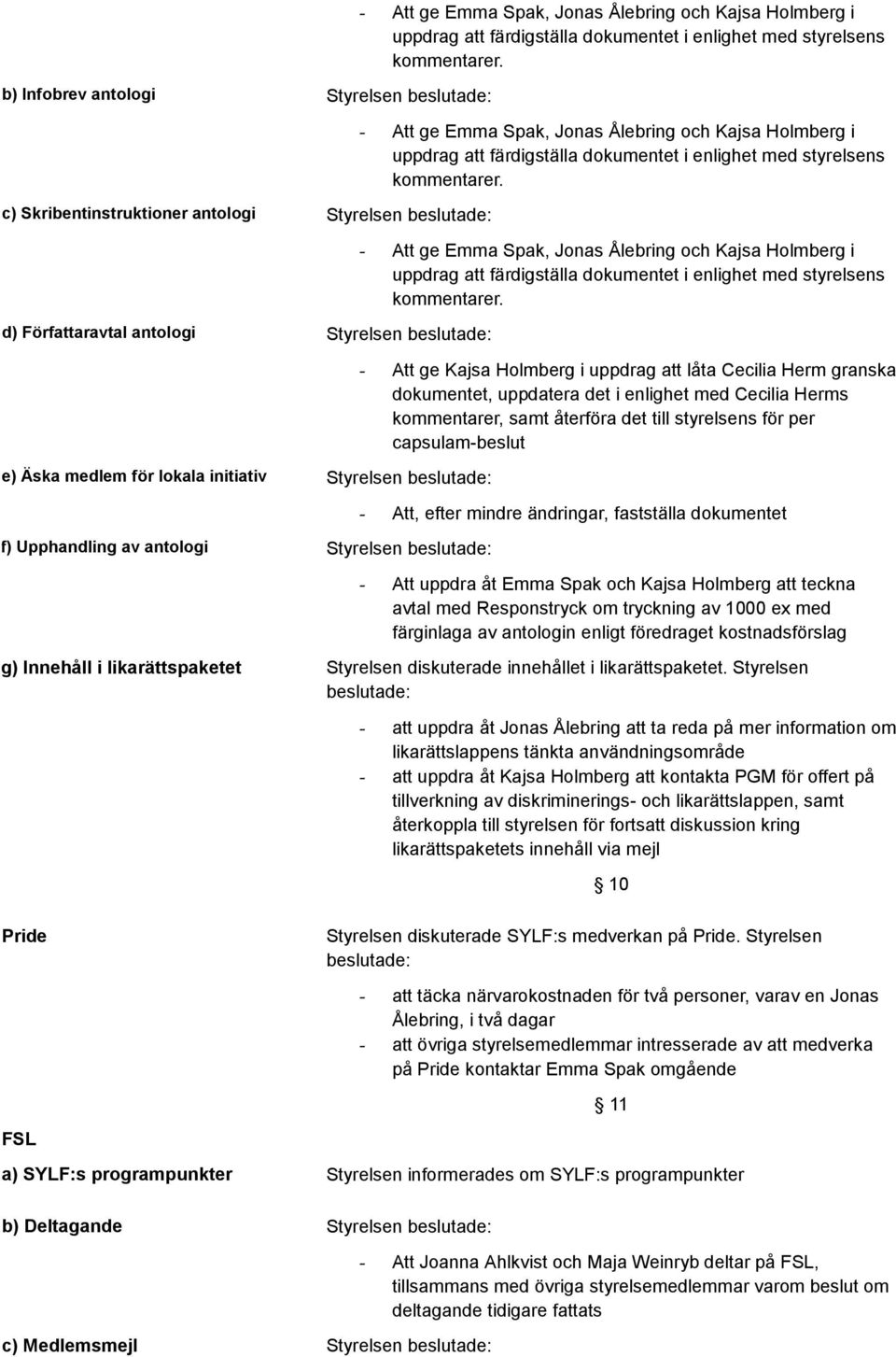 uppdra åt Emma Spak och Kajsa Holmberg att teckna avtal med Responstryck om tryckning av 1000 ex med färginlaga av antologin enligt föredraget kostnadsförslag g) Innehåll i likarättspaketet Styrelsen