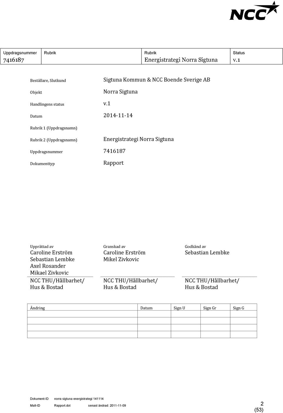 Upprättad av Granskad av Godkänd av Caroline Erström Sebastian Lembke Axel Rosander Mikael Zivkovic NCC THU/Hållbarhet/ Hus & Bostad Caroline