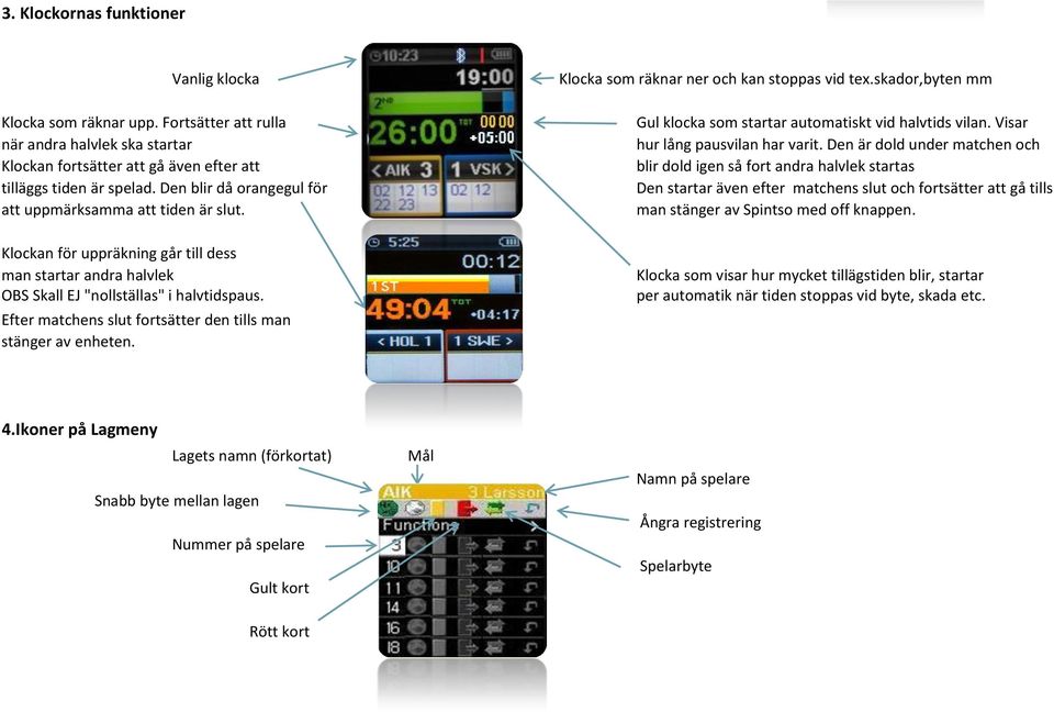 Efter matchens slut fortsätter den tills man stänger av enheten. Klocka som räknar ner och kan stoppas vid tex.skador,byten mm Gul klocka som startar automatiskt vid halvtids vilan.