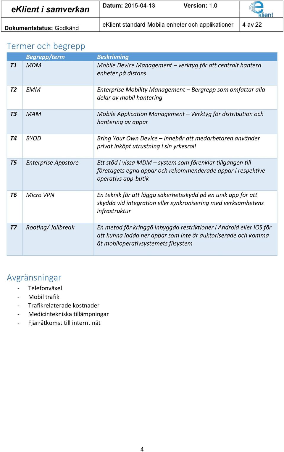 Innebär att medarbetaren använder privat inköpt utrustning i sin yrkesroll T5 Enterprise Appstore Ett stöd i vissa MDM system som förenklar tillgången till företagets egna appar och rekommenderade