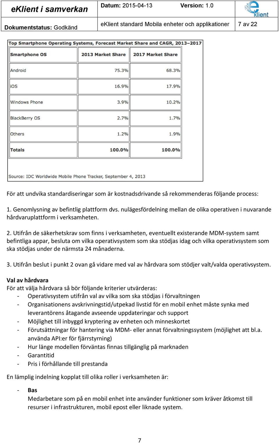 Utifrån de säkerhetskrav som finns i verksamheten, eventuellt existerande MDM-system samt befintliga appar, besluta om vilka operativsystem som ska stödjas idag och vilka operativsystem som ska