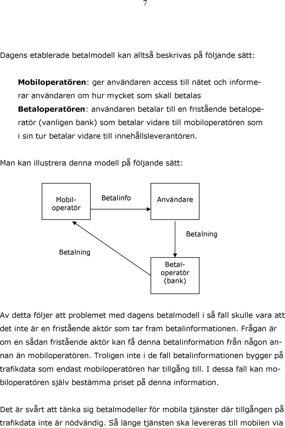 Man kan illustrera denna modell på följande sätt: Betalinfo Användare Betalning Betalning Mobiloperatör Betaloperatör (bank) Av detta följer att problemet med dagens betalmodell i så fall skulle vara