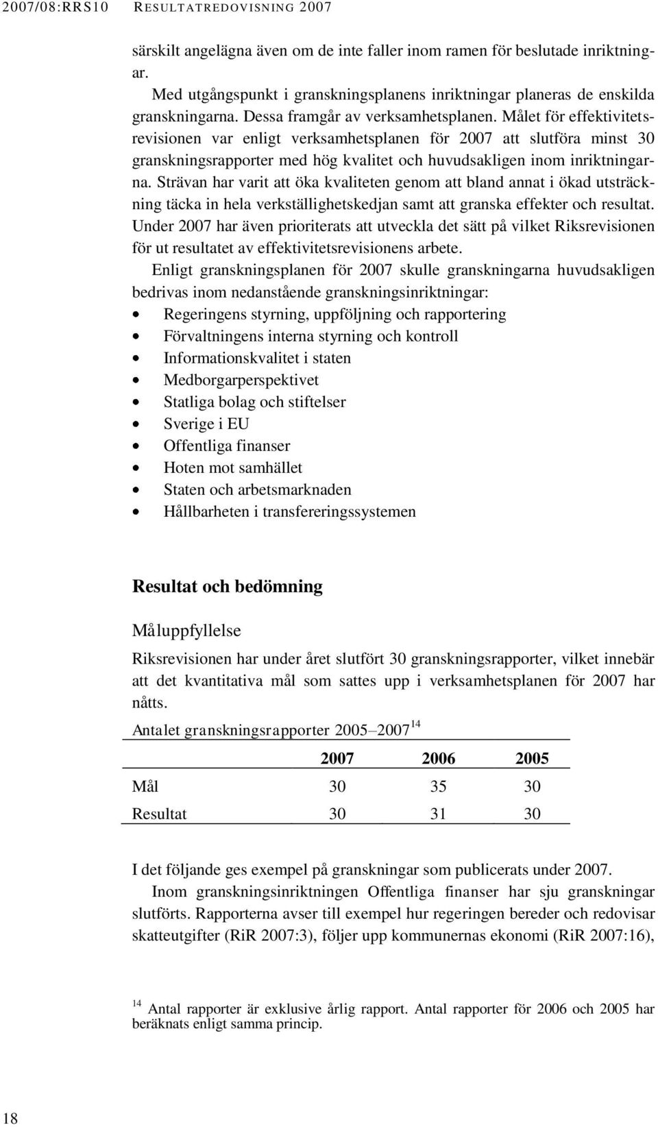 Målet för effektivitetsrevisionen var enligt verksamhetsplanen för 2007 att slutföra minst 30 granskningsrapporter med hög kvalitet och huvudsakligen inom inriktningarna.