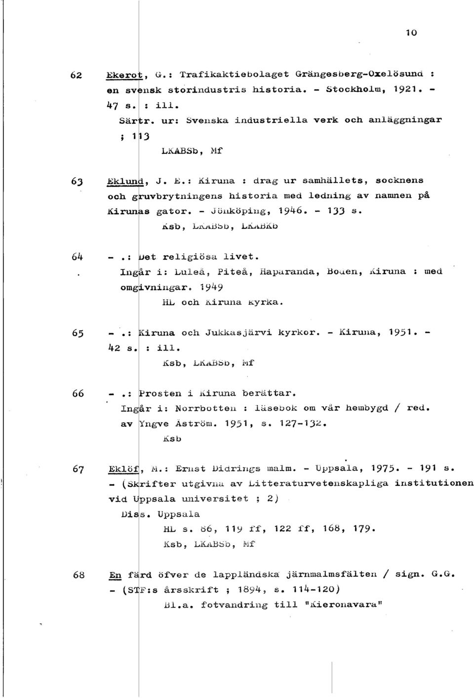 i: Luea, P ite&, Hapiranda, Boden, Liruna : m ed 1949 KL och kiruna &yrka. - I : iiruna och Judiasjarvi kyrkor. - Kiruxa, Y3. - 42 s. : i. dsb, hhbb~, Yroste11 i i~iruna bemittar, &r i: Norrbottei : asebok om var hembygd / red.