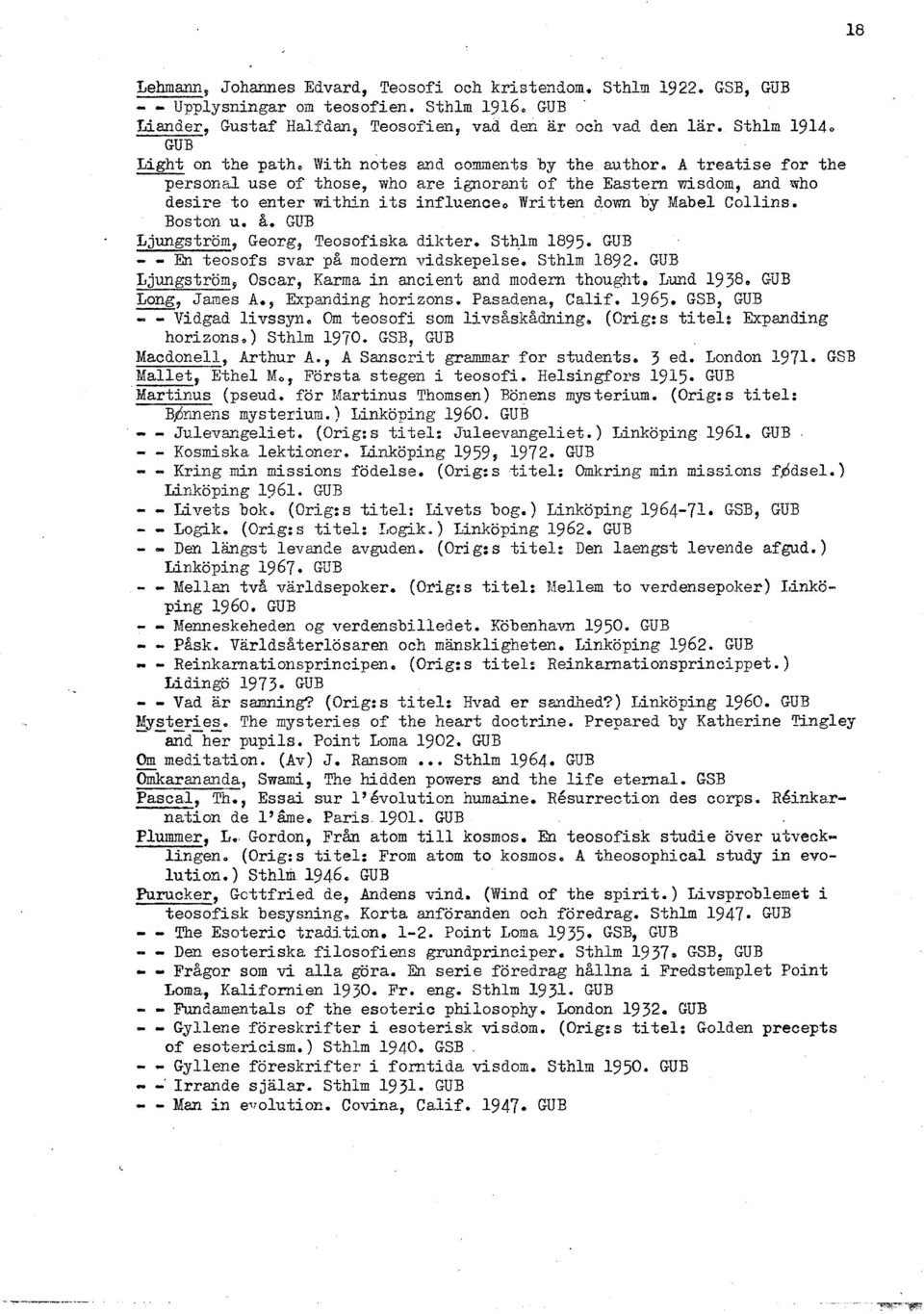 Collins Boston u a, GUR - Ljungström, Georg, Teosofiska dikter Sthlm 1895 GUR - - En teosofs svar pa modern vidskepelse Sthlm 1892 GVB Ljungström, Oscar, Karma in ancient and modern thought Lund