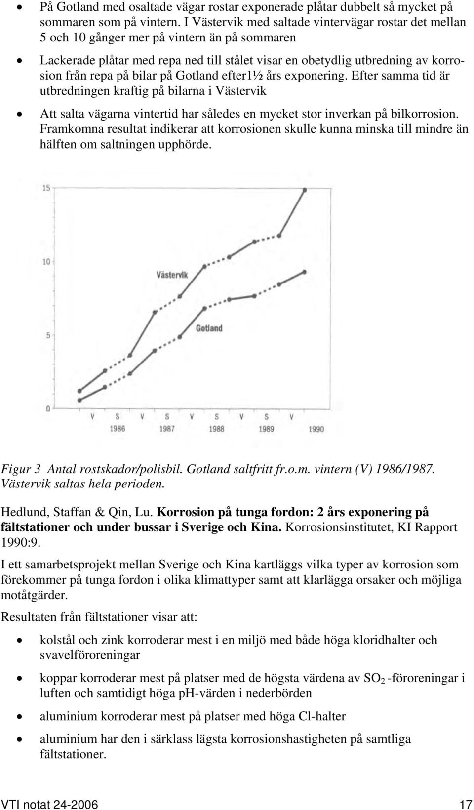 bilar på Gotland efter1½ års exponering. Efter samma tid är utbredningen kraftig på bilarna i Västervik Att salta vägarna vintertid har således en mycket stor inverkan på bilkorrosion.