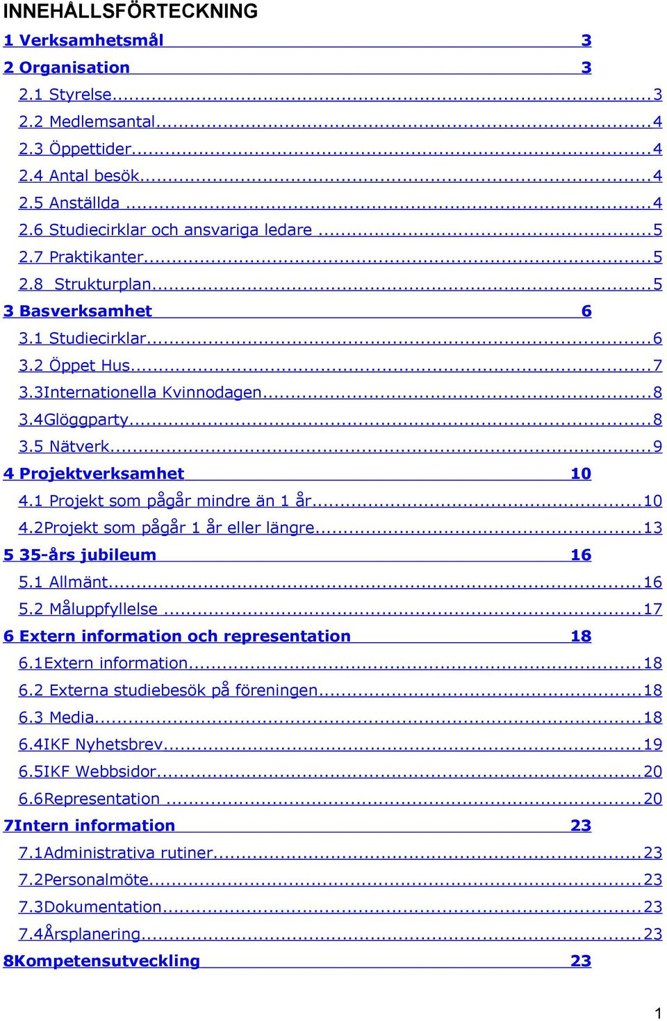 1 Projekt som pågår mindre än 1 år...10 4.2Projekt som pågår 1 år eller längre...13 5 35-års jubileum 16 5.1 Allmänt...16 5.2 Måluppfyllelse...17 6 Extern information och representation 18 6.