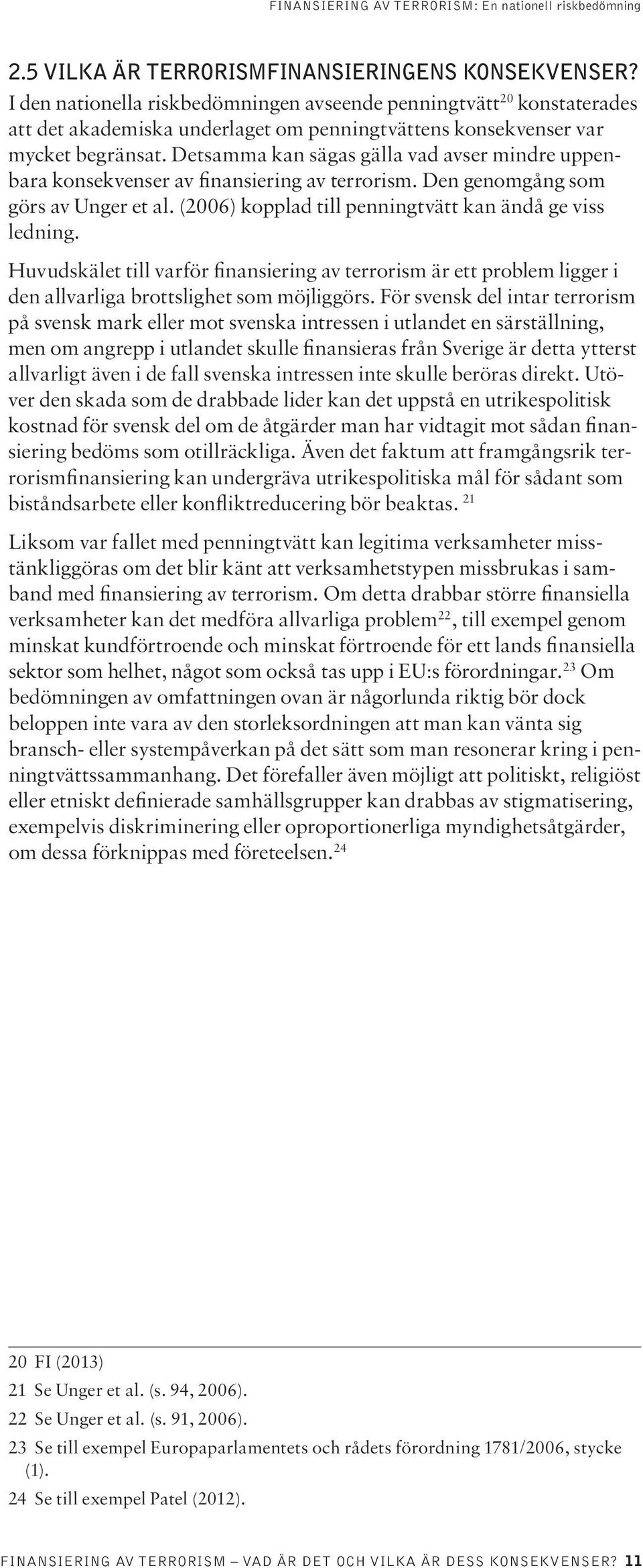 Detsamma kan sägas gälla vad avser mindre uppenbara konsekvenser av finansiering av terrorism. Den genomgång som görs av Unger et al. (2006) kopplad till penningtvätt kan ändå ge viss ledning.