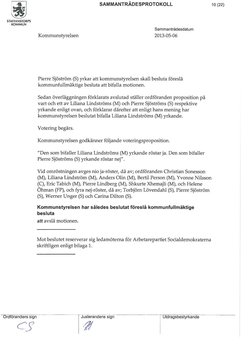 enligt hans ening har kounstyrelsen beslutat bifalla Liliana Lindströs (M) yrkande. Votering begärs. Kounstyrelsen godkänner följande voteringsproposition.