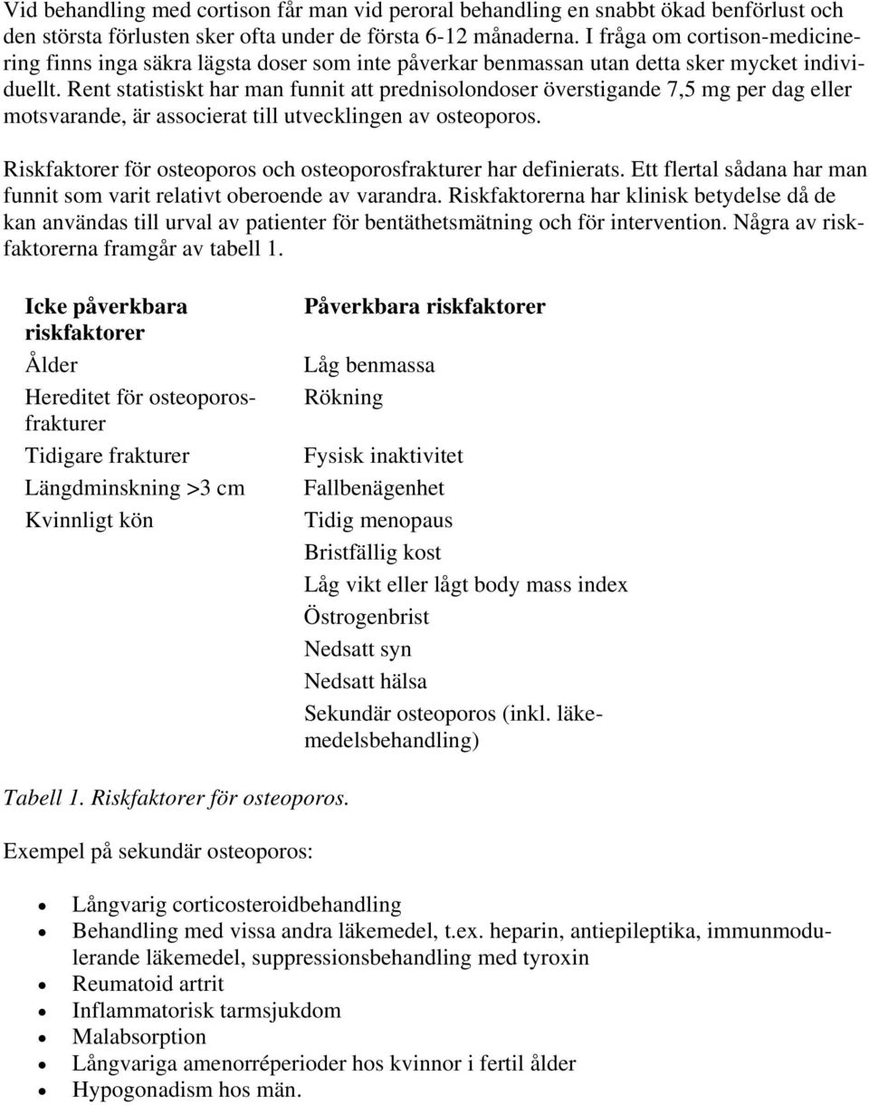 Rent statistiskt har man funnit att prednisolondoser överstigande 7,5 mg per dag eller motsvarande, är associerat till utvecklingen av osteoporos.