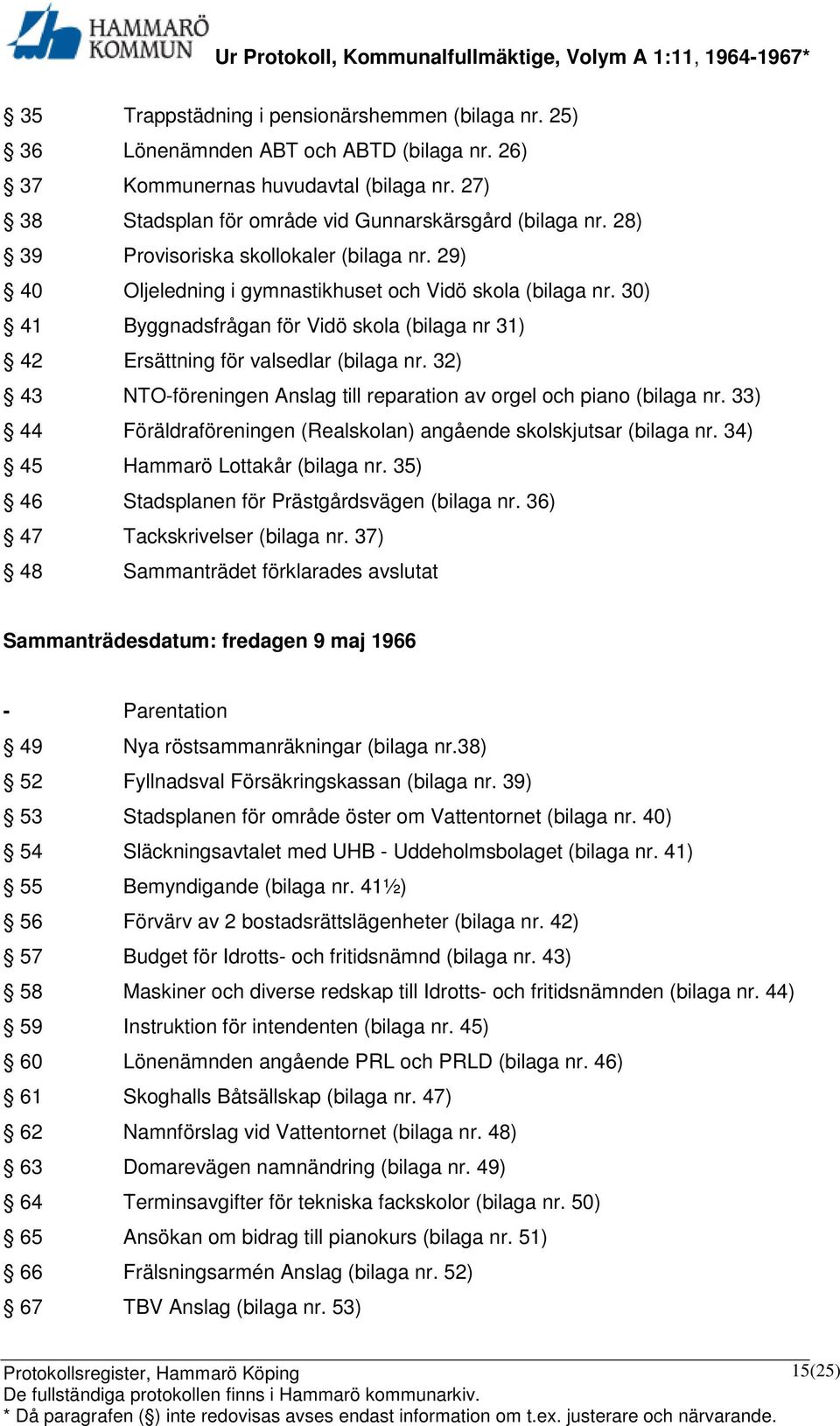 32) 43 NTO-föreningen Anslag till reparation av orgel och piano (bilaga nr. 33) 44 Föräldraföreningen (Realskolan) angående skolskjutsar (bilaga nr. 34) 45 Hammarö Lottakår (bilaga nr.