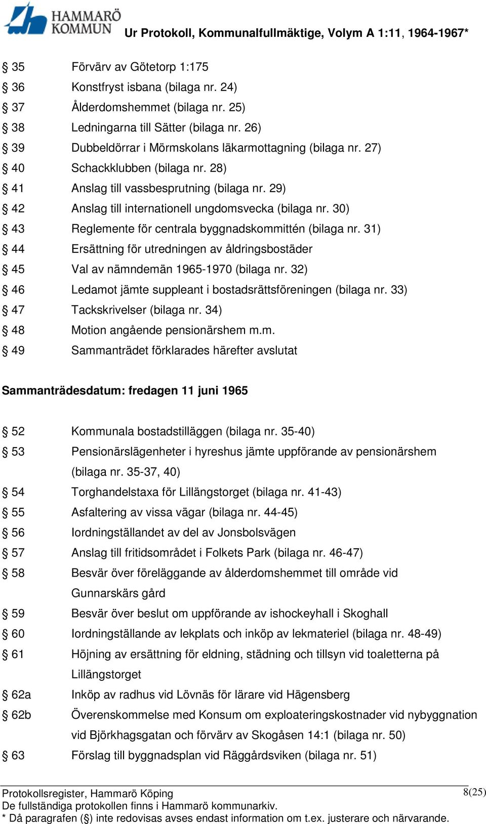 30) 43 Reglemente för centrala byggnadskommittén (bilaga nr. 31) 44 Ersättning för utredningen av åldringsbostäder 45 Val av nämndemän 1965-1970 (bilaga nr.