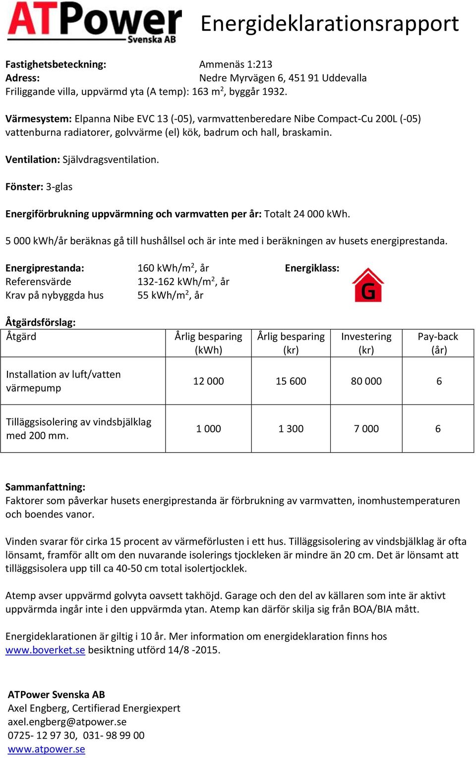 Fönster: 3-glas Energiförbrukning uppvärmning och varmvatten per år: Totalt 24 000. 5 000 /år beräknas gå till hushållsel och är inte med i beräkningen av husets energiprestanda.