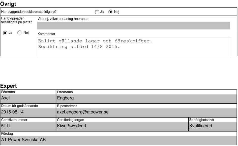 Besiktning utförd 14/8 2015.