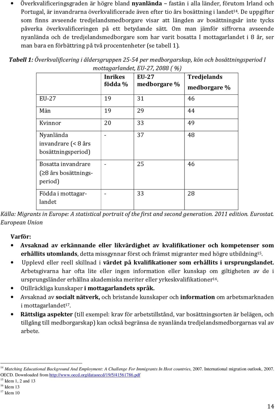 Om man jämför siffrorna avseende nyanlända och de tredjelandsmedborgare som har varit bosatta I mottagarlandet i 8 år, ser man bara en förbättring på två procentenheter (se tabell 1).