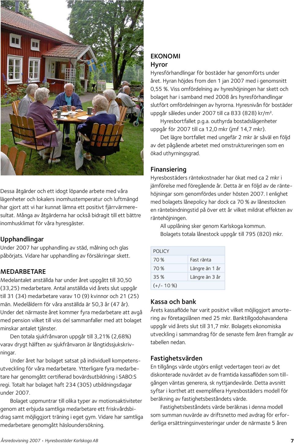 Hyresnivån för bostäder uppgår således under 2007 till ca 833 (828) kr/m². Hyresbortfallet p.g.a. outhyrda bostadslägenheter uppgår för 2007 till ca 12,0 mkr (jmf 14,7 mkr).