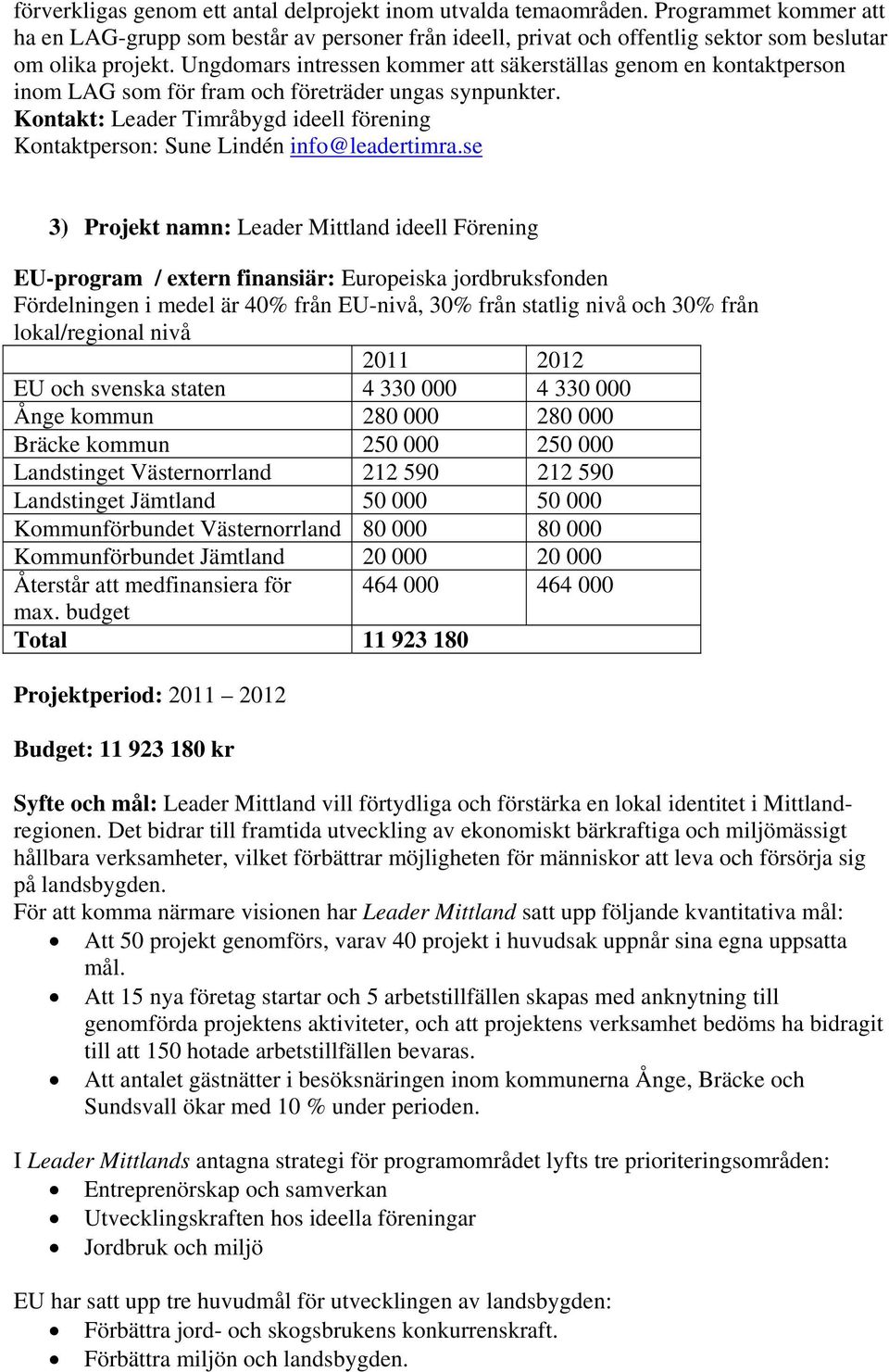 Kontakt: Leader Timråbygd ideell förening Kontaktperson: Sune Lindén info@leadertimra.