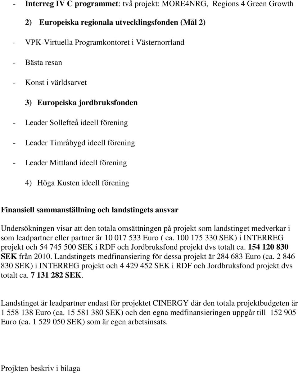 sammanställning och landstingets ansvar Undersökningen visar att den totala omsättningen på projekt som landstinget medverkar i som leadpartner eller partner är 10 017 533 Euro ( ca.