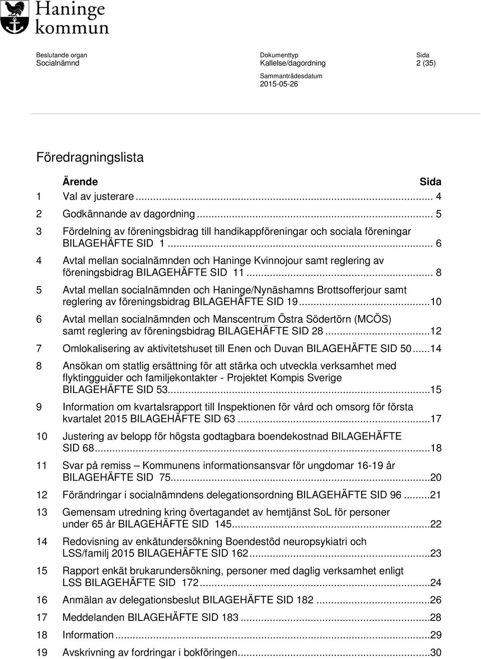 .. 6 4 Avtal mellan socialnämnden och Haninge Kvinnojour samt reglering av föreningsbidrag BILAGEHÄFTE SID 11.