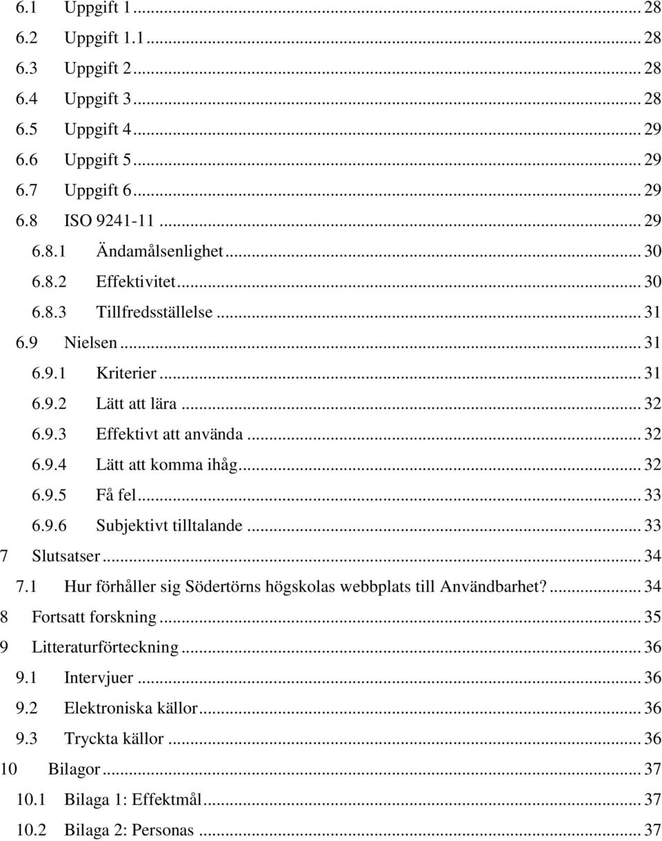 .. 32 6.9.5 Få fel... 33 6.9.6 Subjektivt tilltalande... 33 7 Slutsatser... 34 7.1 Hur förhåller sig Södertörns högskolas webbplats till Användbarhet?... 34 8 Fortsatt forskning.