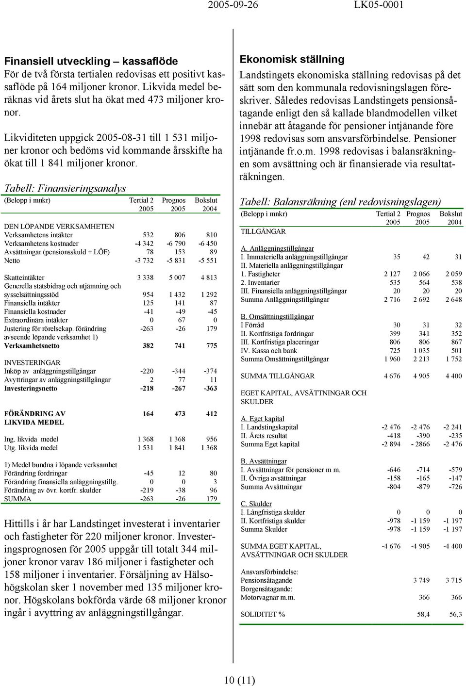 Tabell: Finansieringsanalys (Belopp i mnkr) 2 25 25 Bokslut DEN LÖPANDE VERKSAMHETEN Verksamhetens intäkter 532 86 81 Verksamhetens kostnader -4 342-6 79-6 45 Avsättningar (pensionsskuld + LÖF) 78