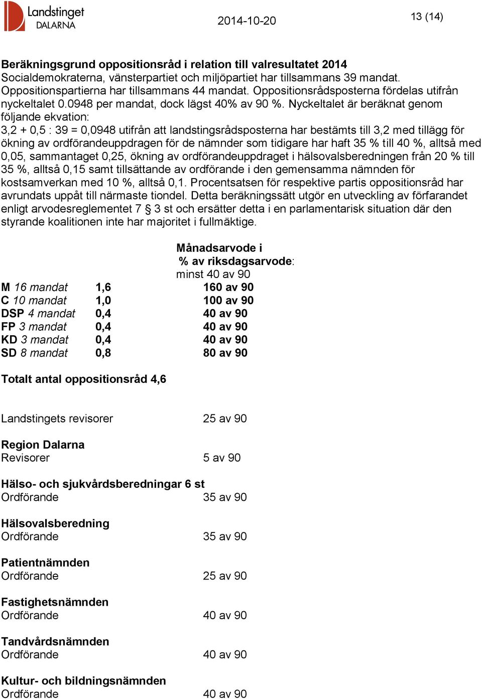 Nyckeltalet är beräknat genom följande ekvation: 3,2 + 0,5 : 39 = 0,0948 utifrån att landstingsrådsposterna har bestämts till 3,2 med tillägg för ökning av ordförandeuppdragen för de nämnder som