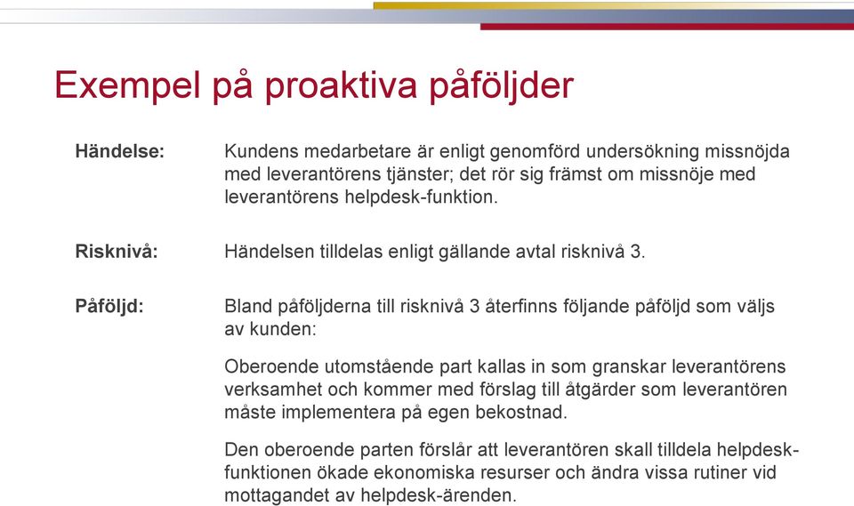 Påföljd: Bland påföljderna till risknivå 3 återfinns följande påföljd som väljs av kunden: Oberoende utomstående part kallas in som granskar leverantörens verksamhet och