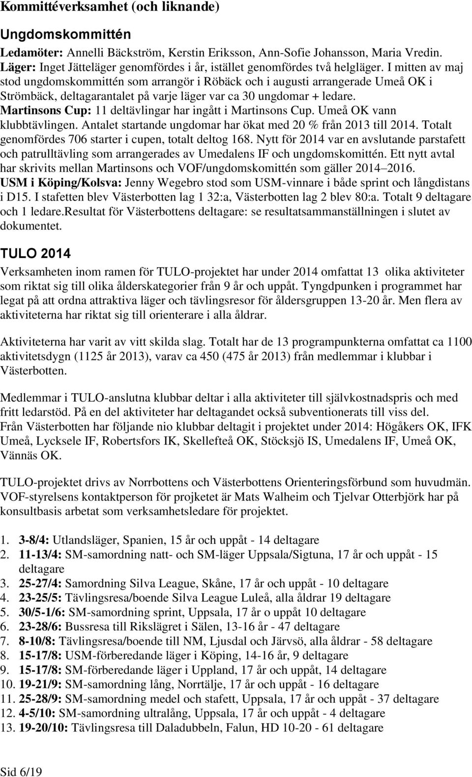 I mitten av maj stod ungdomskommittén som arrangör i Röbäck och i augusti arrangerade Umeå OK i Strömbäck, deltagarantalet på varje läger var ca 30 ungdomar + ledare.